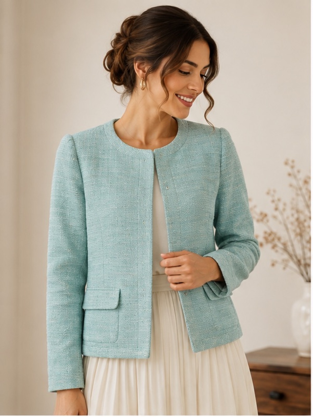 Talbots Mint Tweed Collarless Blazer